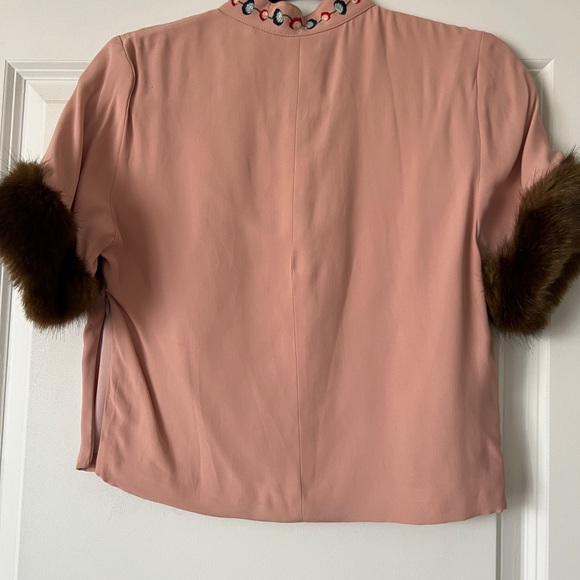 STAUD Astrid Pink Top with Embroidered Details and Brown Fur Trim - Picture 4 of 5